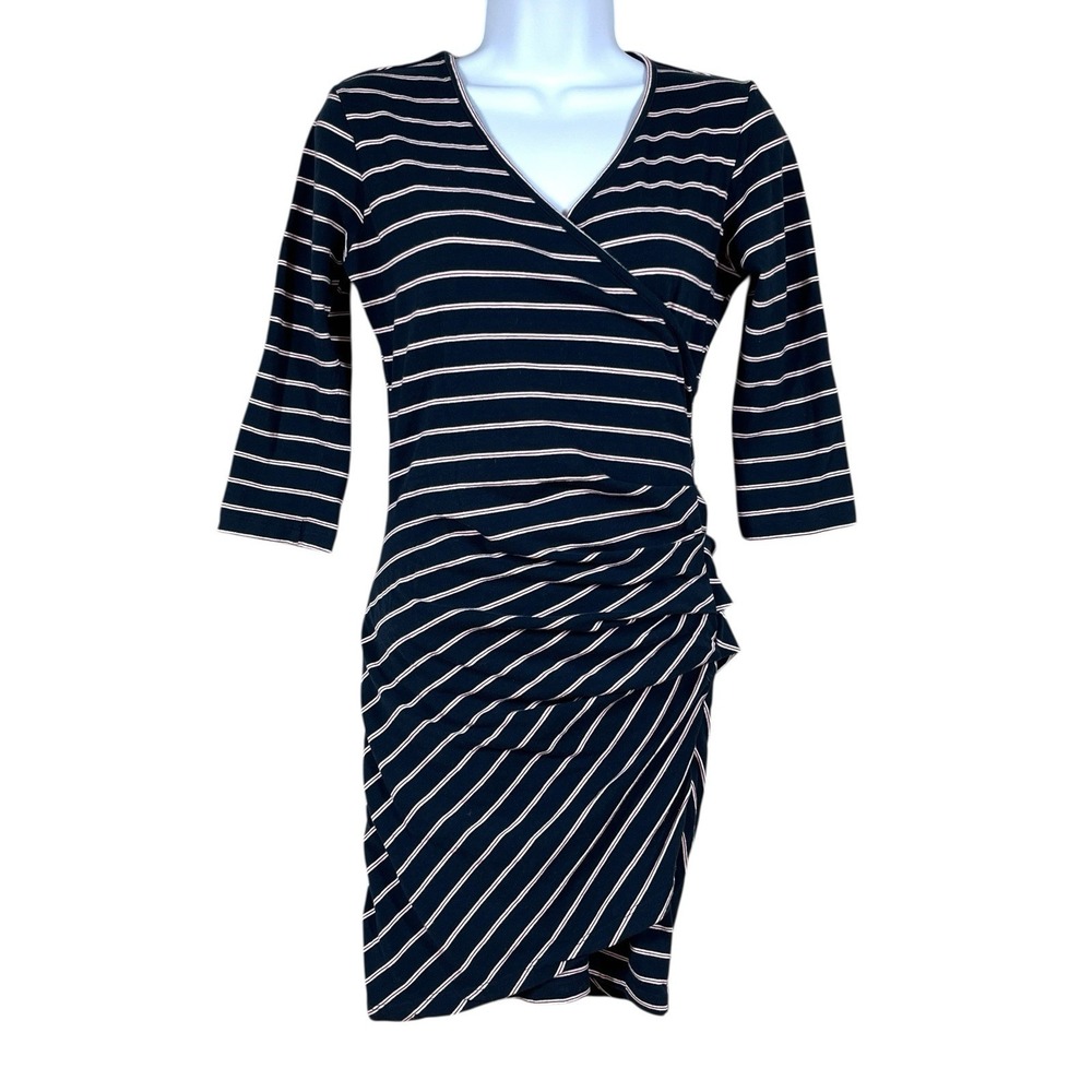 Sundry Side Ruched V-Neck Dress Womens 0 Navy Striped Stretch Jersey 3/4 Sleeve